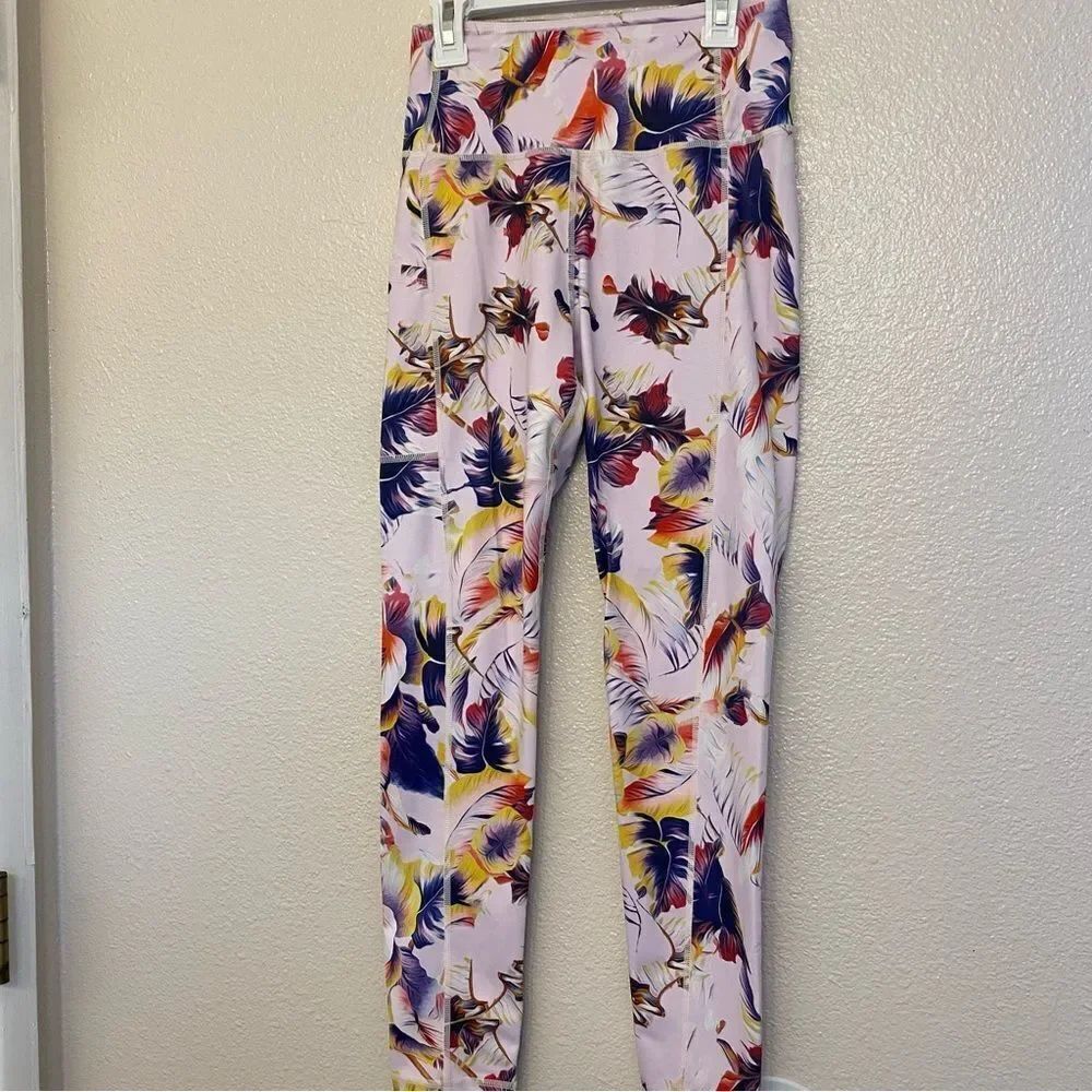 Vull Tie-dye tropical print palm lavender leggings full length hi Rise pockets S